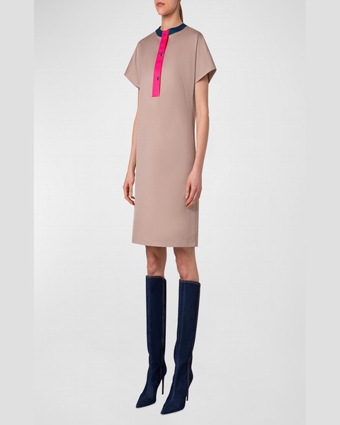 Colorblock Cotton Gabardine Stretch Short-Sleeve Shift Dress