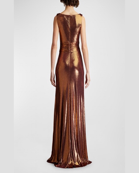 Pleated Metallic Jersey Column Gown