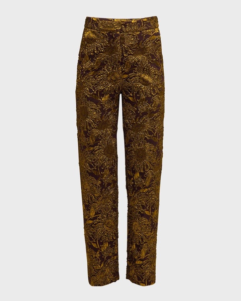 Demi Metallic Floral Brocade Straight-Leg Ankle Pants