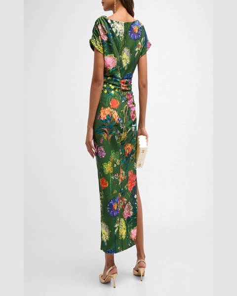 Floral-Print Ruched Short-Sleeve Midi Dress