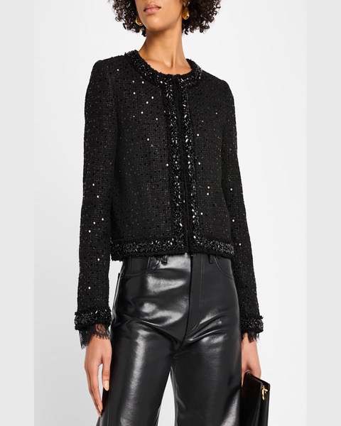 Landon Cropped Sequined Tweed Jacket with Embellished Trim