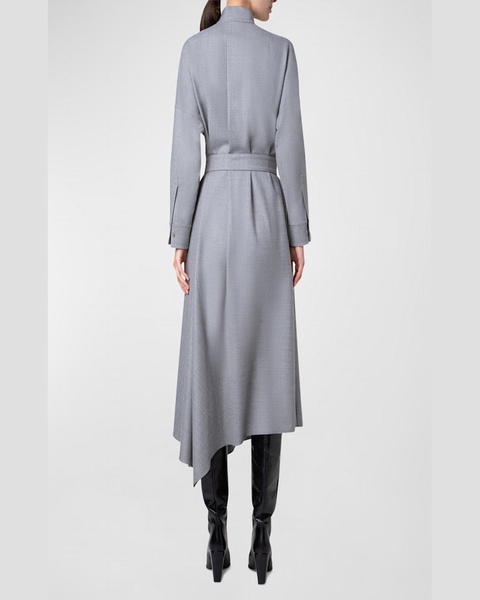 Half-Circle Inset Belted Long-Sleeve Midi Dress