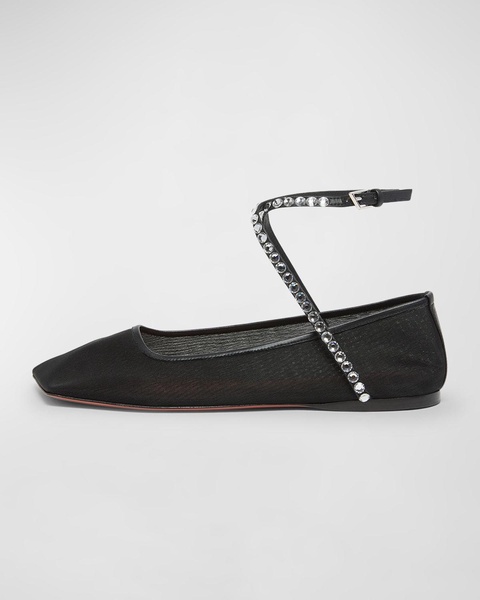 Ane Mesh Crystal Ankle-Strap Ballerina Flats