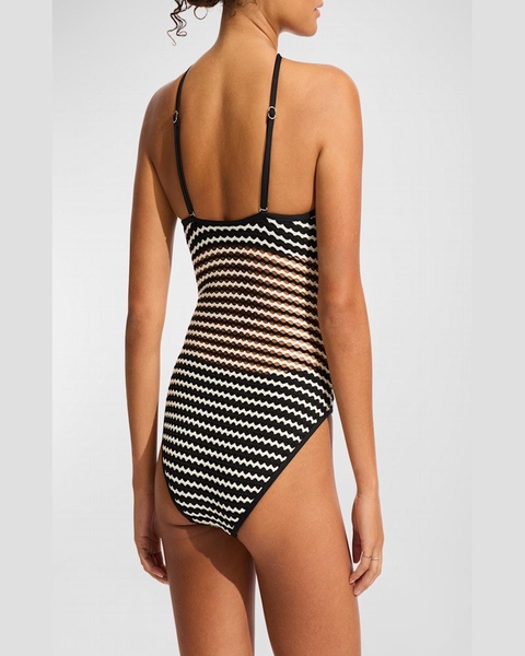 Striped Knit High-Neck One-Piece Swimsuit (DD-Cup)