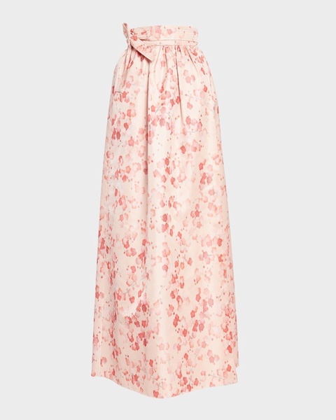 Leah Blooms-Print Belted Silk Crepe De Chine Midi Skirt