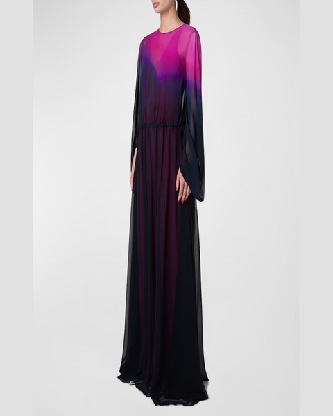 Long-Sleeve Sheer Silk Georgette Gown