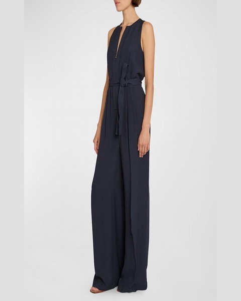 Camelia Sleeveless Belted Crepe Straight-Leg Jumpsuit