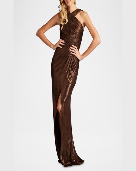 Pleated Metallic Jersey Column Gown