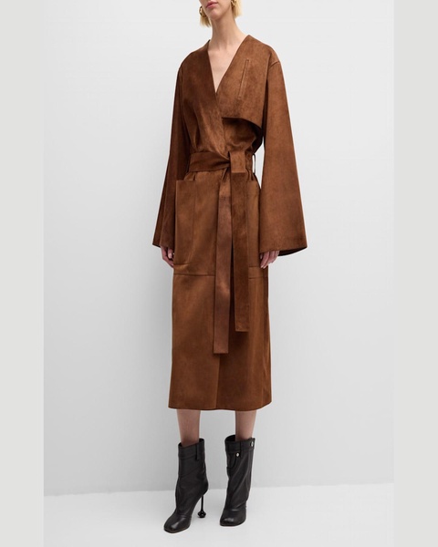 Belted Suede Leather Long Wrap Coat