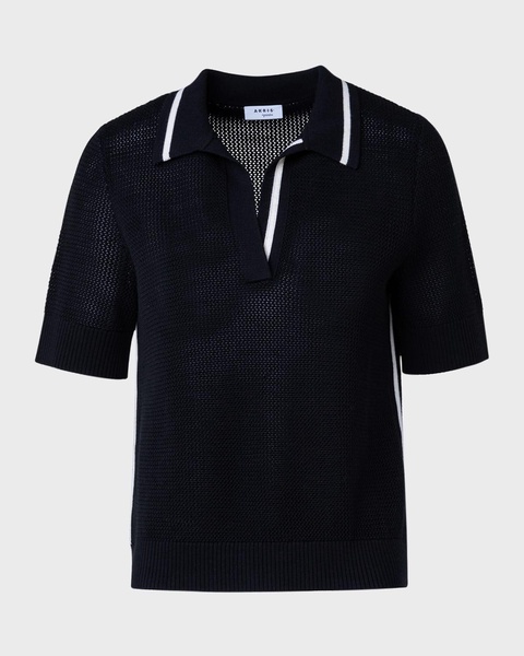 Merino Wool Knit Polo Sweater with Bi-Color Trim