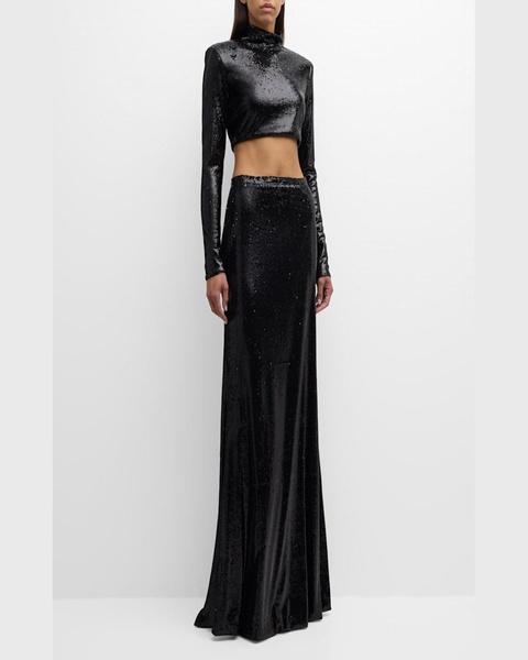 Two-Piece Mock-Neck Long-Sleeve Sequined Gown