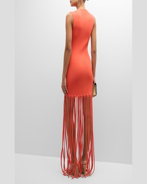 Sleeveless Crepe Matte Ribbed Fringe Maxi Dress