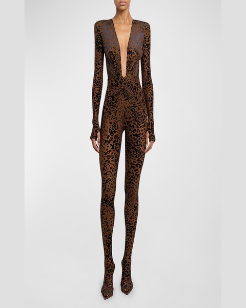 Ruched Plunging Long-Sleeve Leopard Burnout Catsuit