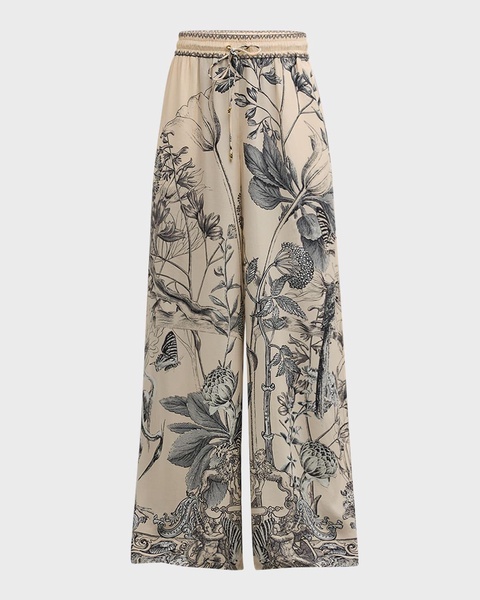 Floral Silk Straight Wide-Leg Pants