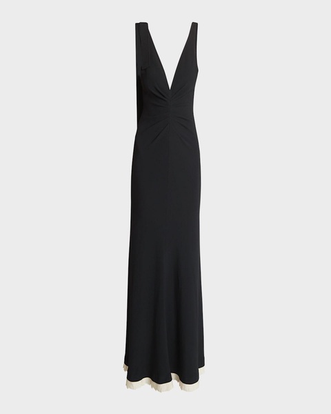 Plunging Gathered-Waist Backless Gown