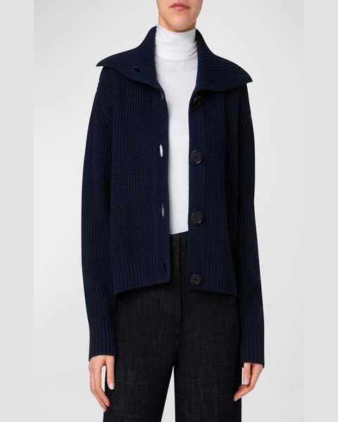 Large Collar Wool-Cashmere Rib Cardigan