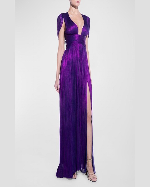 Laurel Plunging Drape Backless Metallic Plisse Gown