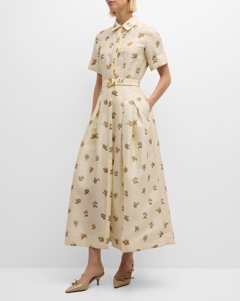 Leighton Floral Short-Sleeve Belted Maxi Western Shirtdress