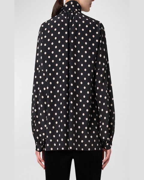 Crepe De Chine Dot Print Blouse with Tie Neck