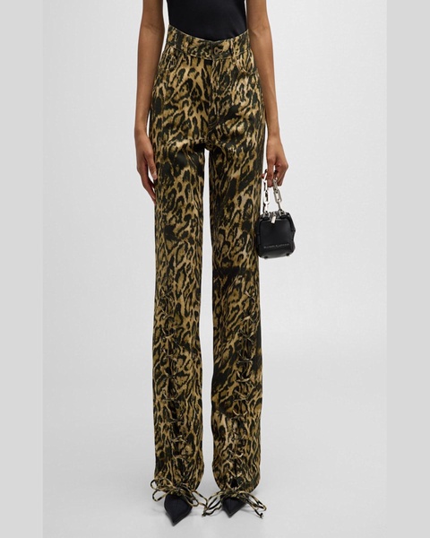 Leopard-Print Laced Wide-Leg Denim Pants