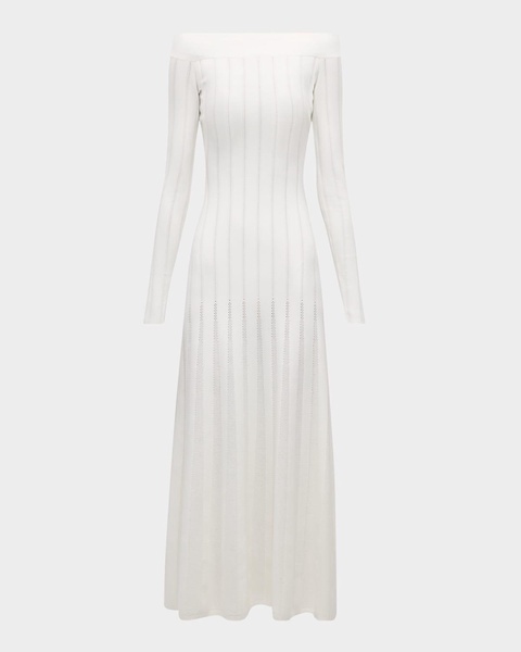 Off-The-Shoulder Long-Sleeve Pointelle Knit Godet Maxi Dress