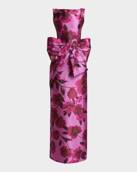 Floral Bow-Front Sleeveless Column Gown