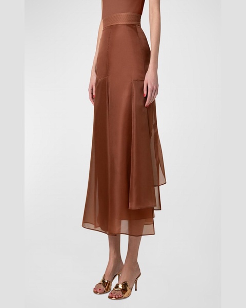 Asymmetric Pleated Silk Organza Flared Midi Skirt