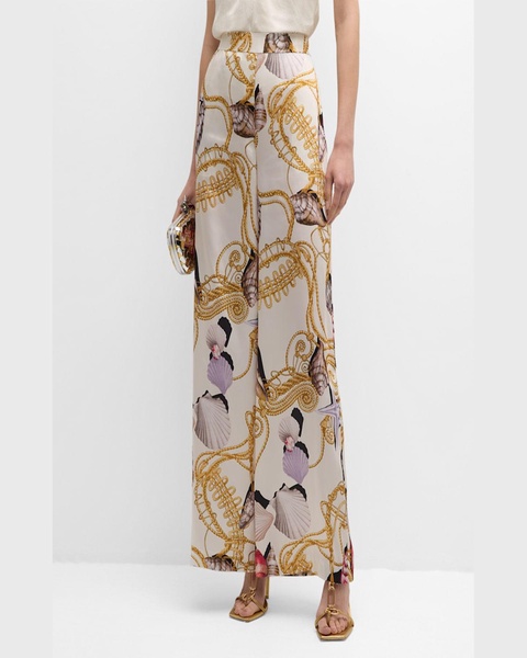 Virginia Shell-Print Wide-Leg Pants