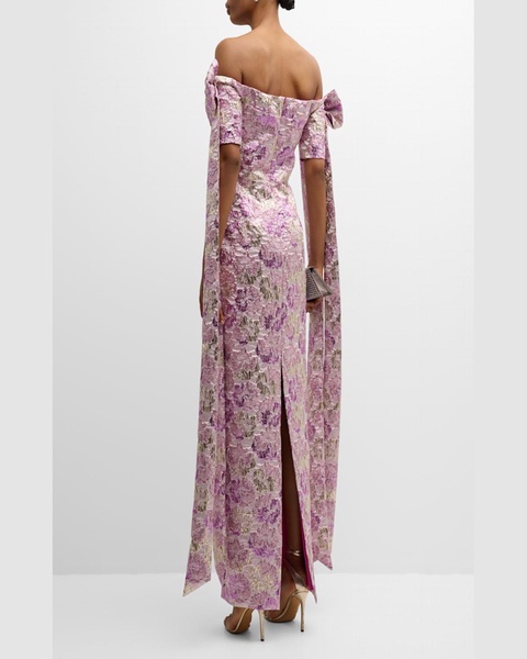 Paisley Off-Shoulder Floral Jacquard Bow Gown