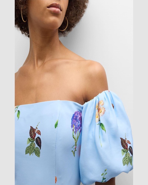 Karene Floral Crepe Puff-Sleeve Midi Dress