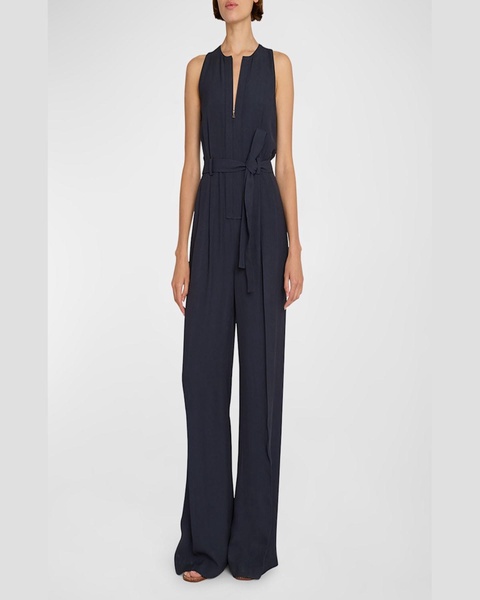 Camelia Sleeveless Belted Crepe Straight-Leg Jumpsuit