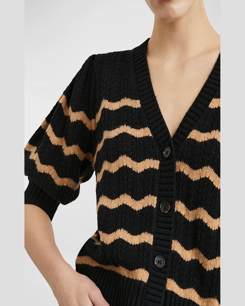 Isla Squiggle Striped Puff-Sleeve Cardigan 