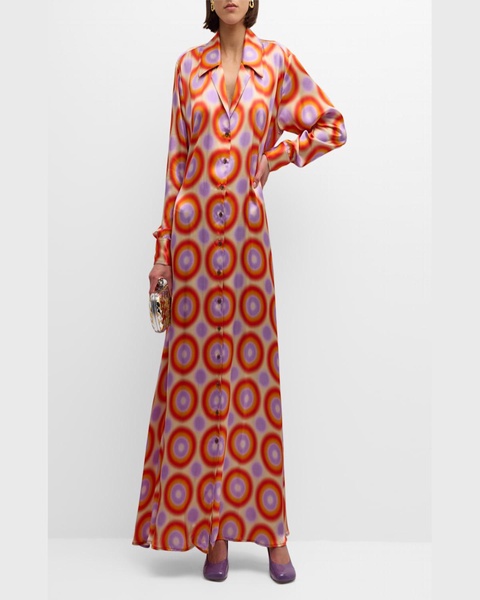 Groovy Dot Tie-Back Long-Sleeve Maxi Shirtdress