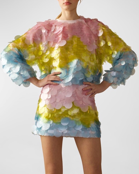 Sequin Blouson-Sleeve Organza Pullover