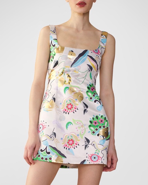 Square-Neck Floral-Print Satin Mini Dress