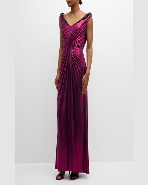 Crystal Open-Back Gunmetal Oil Jersey Knotted Gown