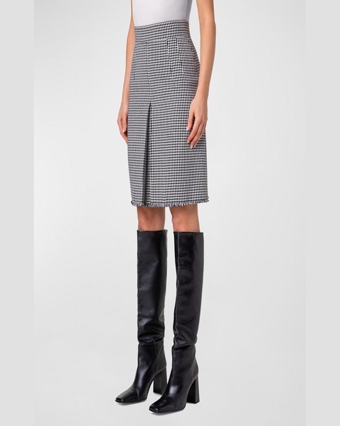 Front-Pleat Wool-Blend Houndstooth Fringed Skirt