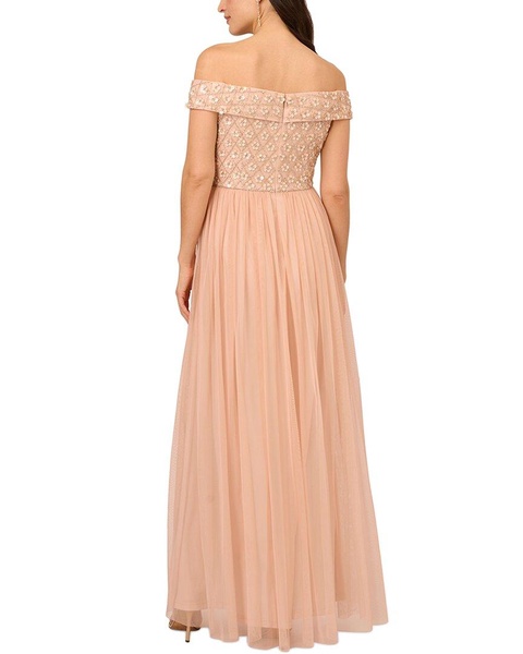 Adrianna Papell Off Shoulder Beaded Mesh Gown