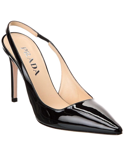 Prada Logo Patent Pointy-Toe Slingback Pump