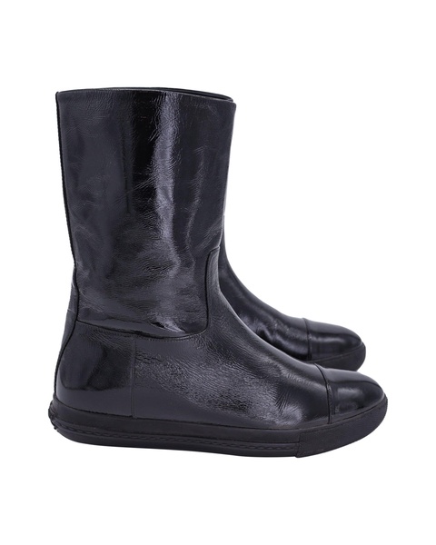 mid-calf flat boots in black patent calf leather