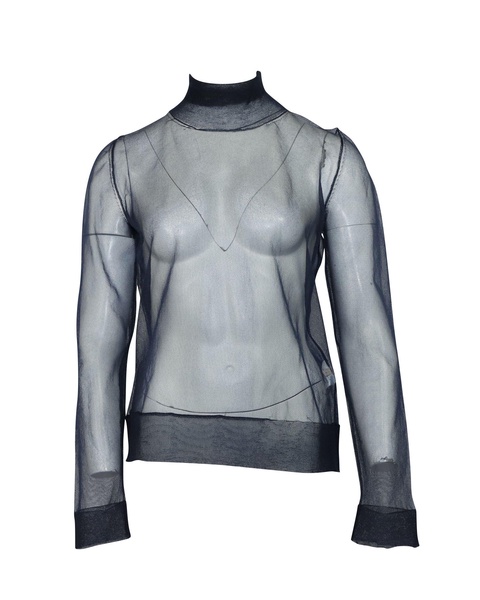 mesh turtleneck top in navy blue polyamide