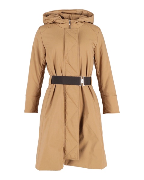 hooded belted coat in beige polyester