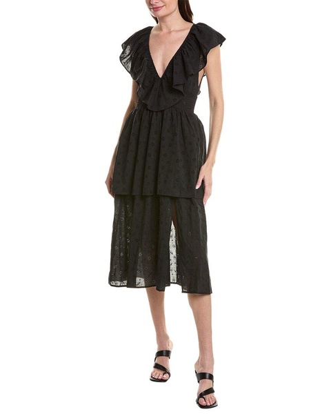 WeWoreWhat Slit Front Eyelet Ruffle Midi Dress