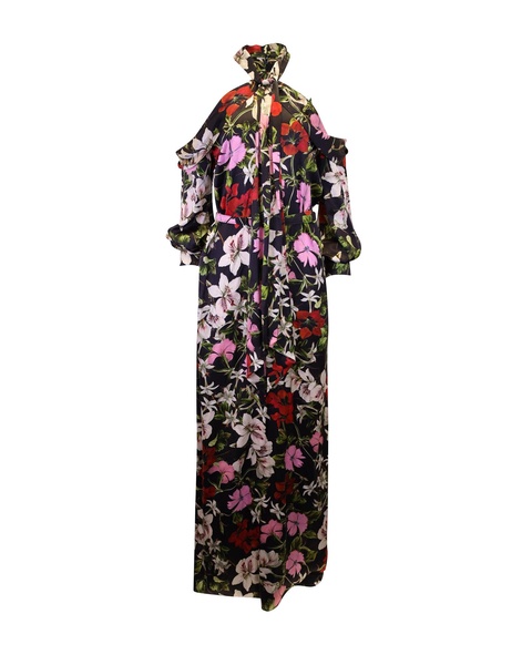 anora cold-shoulder gown in floral print silk