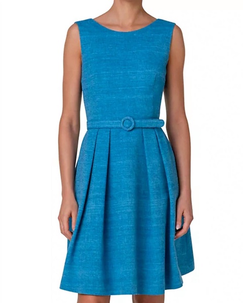 belted pleated silk minidress in medium blue