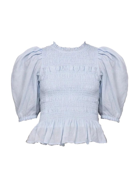 women's cole smocked ramie long sleeve blouse, sky