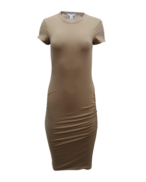 ruched t-shirt dress in tan cotton