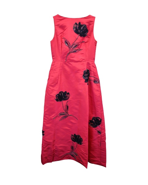 floral embellished sleeveless dress in red silk