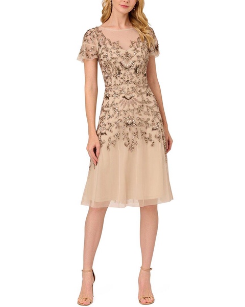 Adrianna Papell Flutter Sleeve Bead Metallic Lace Midi Dress