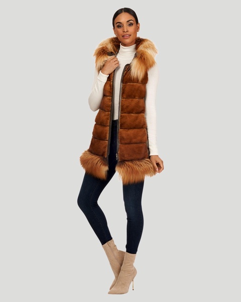 horizontal mink zip vest with fox trim, and jacket with beading